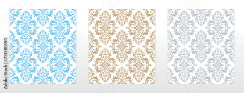 Wallpapers in the style of Baroque. Seamless vector backgrounds. Set of colored floral ornaments. Graphic patterns for fabric, wallpaper, packaging. Ornate Damask flower ornaments