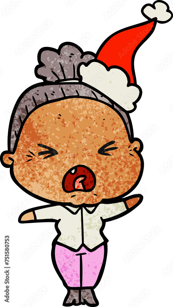 Naklejka premium textured cartoon of a angry old woman wearing santa hat