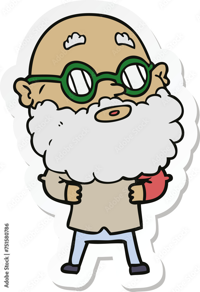 sticker of a cartoon curious man with beard and glasses
