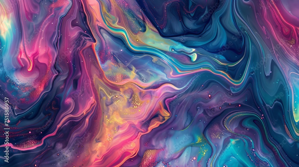 Vibrant fluid abstract painting with a cosmic twist of pink and blue. Dynamic abstract art with swirling patterns and glittery highlights. Fantasy fluid art with pink, blue, and golden specks. Vibrant fluid abstract painting with a cosmic twist of pink and blue. Dynamic abstract art with swirling patterns and glittery highlights. Fantasy fluid art with pink, blue, and golden specks.