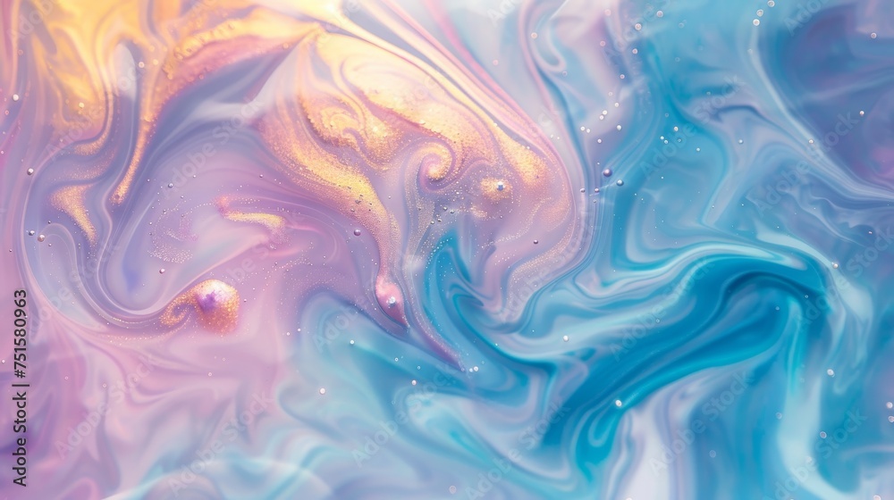Abstract fluid art background with swirling pink and blue hues. Dreamy pastel liquid pattern with gold accents. Artistic pastel swirls in high resolution for design use. - obrazy, fototapety, plakaty 
