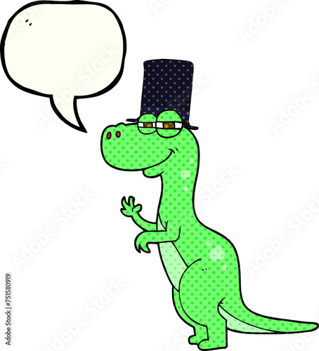 comic book speech bubble cartoon dinosaur wearing top hat