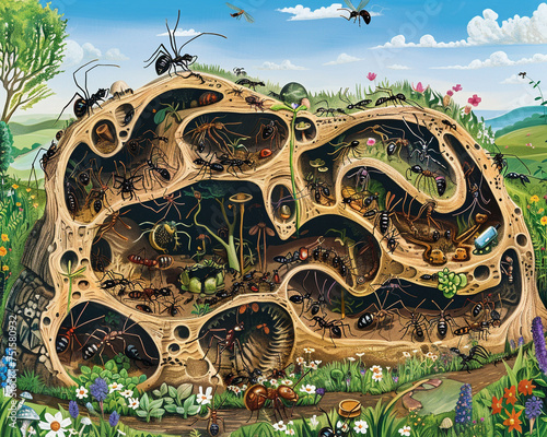 A cross-sectional illustration of an ant nest with intricate tunnels and chambers all teeming with tiny ants going about their daily tasks The backdrop background is a vibrant meadow