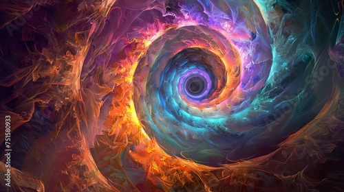 A kaleidoscopic abstract digital art piece evokes the sense of a swirling vortex, a whirlpool of vibrant colors from cool purples to fiery oranges.