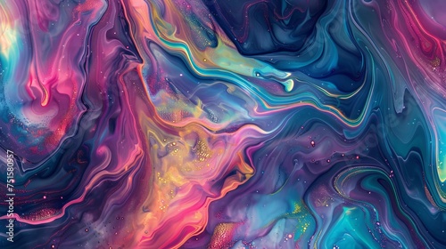 Vibrant fluid abstract painting with a cosmic twist of pink and blue. Dynamic abstract art with swirling patterns and glittery highlights. Fantasy fluid art with pink, blue, and golden specks.