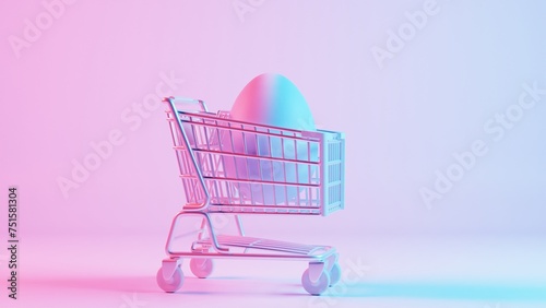 3D minimalist Easter egg design with a retro wave pattern, accompanied by a shopping cart symbolizing holiday shopping and celebration.