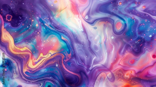 Psychedelic marble texture with swirling cosmic colors. Enchanting space-inspired liquid art in purple and gold. Fantasy nebula waves with vivid color fusion.