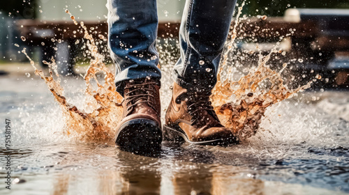 A man walks cautiously through a puddle, a sign of caution, illustrating the Slippery When Wet warning. Illustrates potential hazards of wet surfaces.