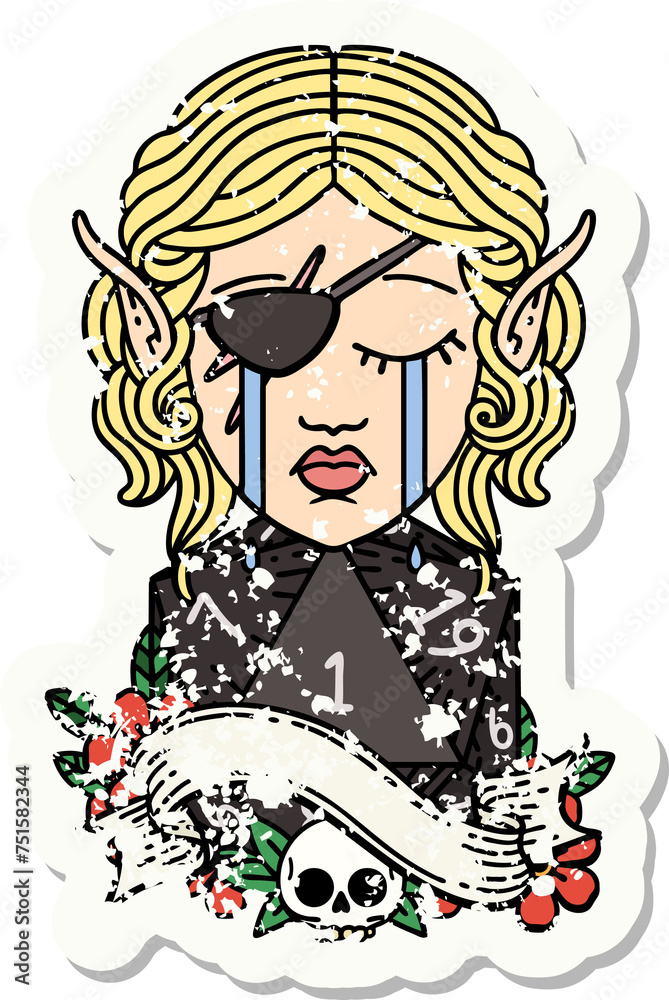 sad elf rogue character face with natural one d20 roll grunge sticker sad elf rogue character face with natural one d20 roll grunge sticker