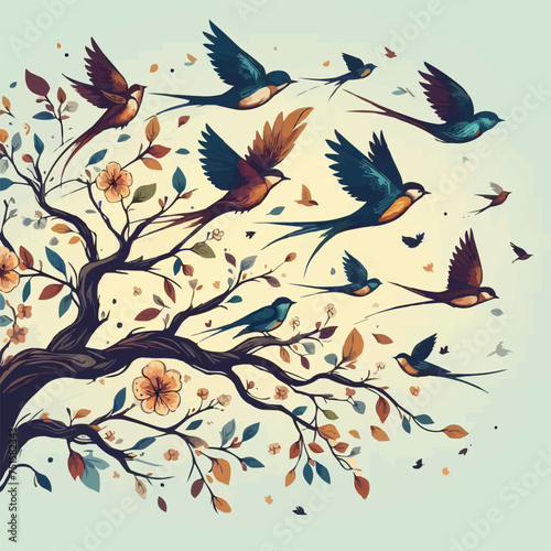 Vector flock of flying birds on tree branch.