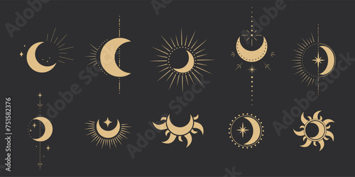 Set gold mystic moon celestial astrology magic element with rays, stars, burst minimal line tattoo, border or decoration isolated on dark background. Space symbols, emblem. Vector illustration