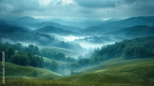 Misty summer mountain hills landscape. Filtered image cross processed vintage effect.