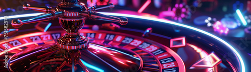 Design a mesmerizing 3D animation of a roulette wheel spinning against a backdrop of glitzy casino interiors and neon lights photo