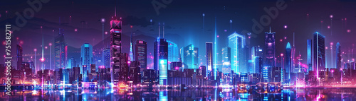 Illustrate a backdrop background featuring a unique cityscape filled with holographic projections © Bordinthorn