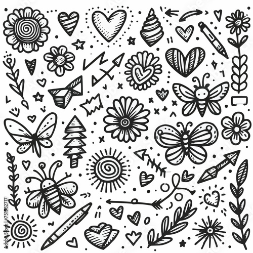 Set of cute pen line doodle element vector. Hand drawn doodle style collection of heart, arrows, scribble, flower, star, butterfly, bee, words. Design for print, cartoon, card, decoration, sticker.