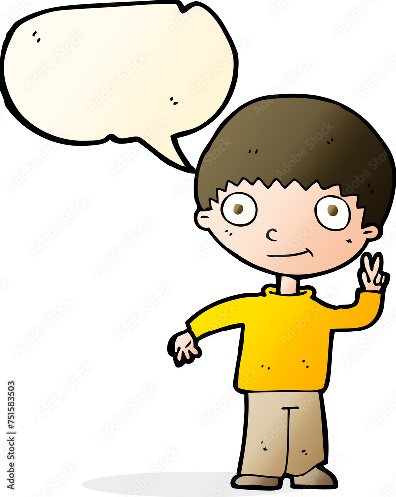 cartoon boy giving peace sign with speech bubble cartoon boy giving peace sign with speech bubble