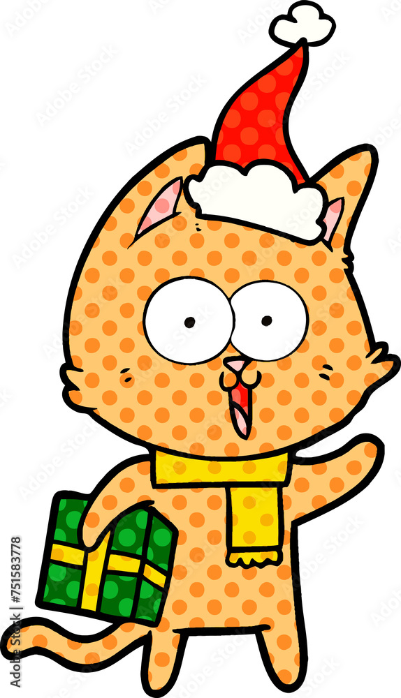 funny comic book style illustration of a cat wearing santa hat