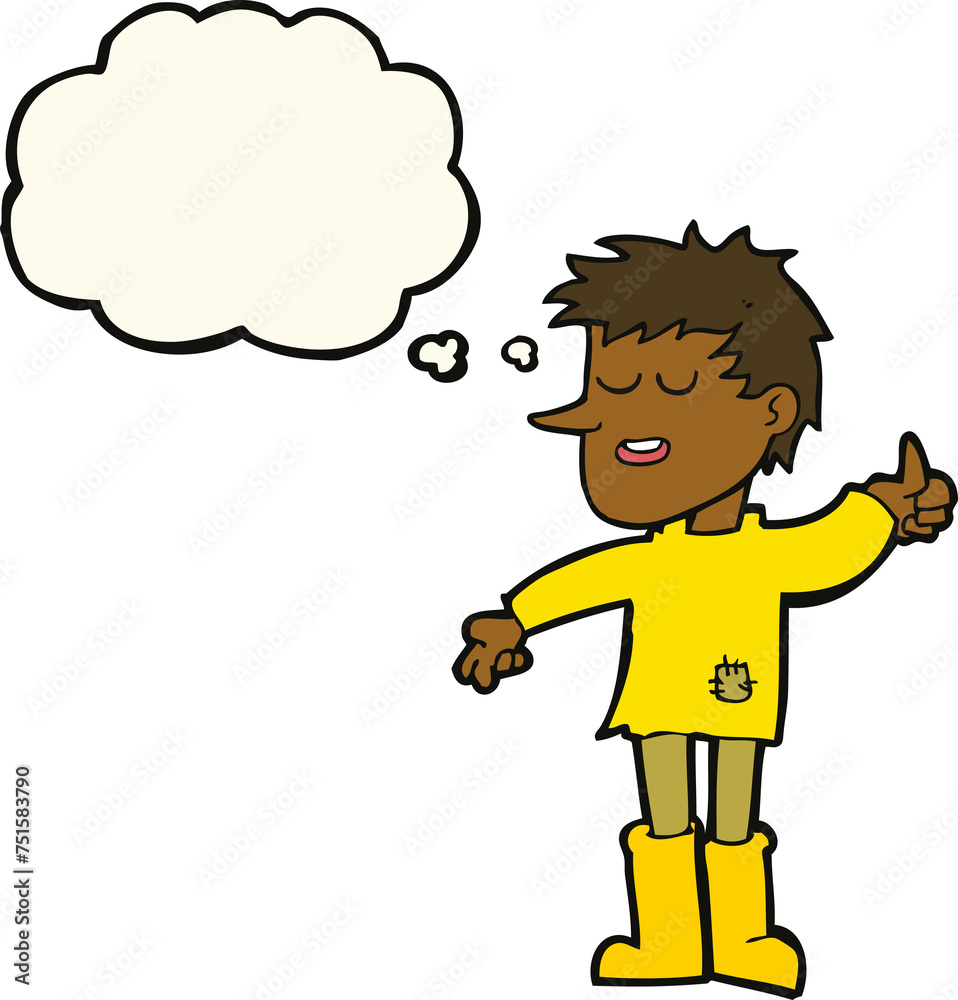 cartoon poor boy with positive attitude with thought bubble cartoon poor boy with positive attitude with thought bubble