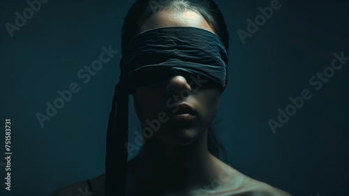 A person wearing a black blindfold, their features obscured, symbolizing the absence of sight. photo