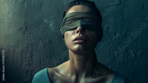 A person's hands gently adjusting a blindfold over their eyes, highlighting the act of self-imposed limitation or trust in others. photo
