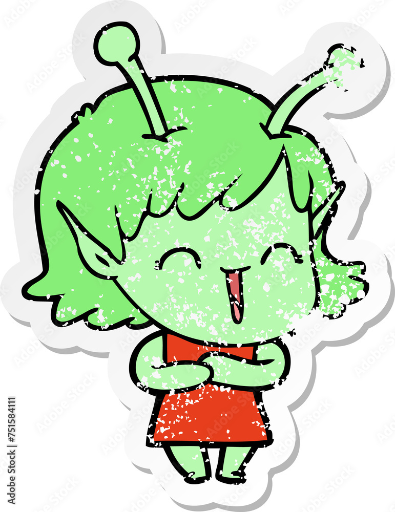 distressed sticker of a cartoon happy alien girl distressed sticker of a cartoon happy alien girl