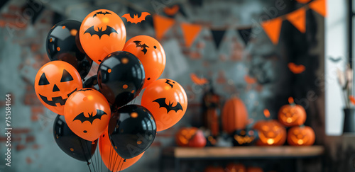 Festive celebration concept card, orange and black balloons with bats, Halloween theme, lively and vibrant atmosphere, jack-o'-lanterns and spooky decorations, copy space