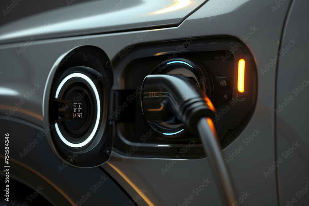 Close-up of an electric car's charging port, LED indicators glowing, modern and eco-friendly transportation