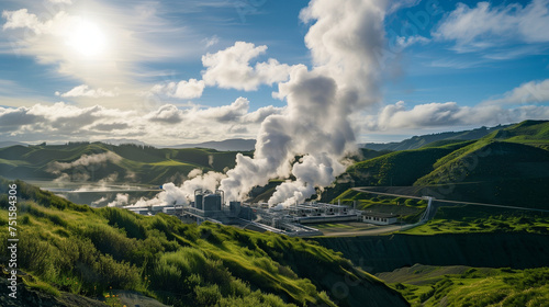 Geothermal energy plant in a green landscape, steam rising, sustainable development, clean and renewable energy source photo