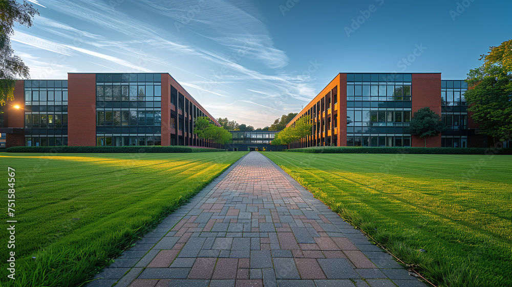 university college campus on a sunny day, educational building - obrazy, fototapety, plakaty 