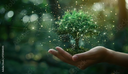A hand holding a tree with plexus effect against a natural background. Abstract technology. Environment and ecology protection concept.