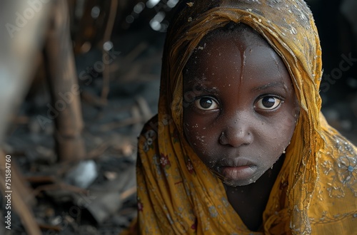 A young girl in a yellow headscarf gazes forward with a poignant, thoughtful expression amid a muted backdrop photo