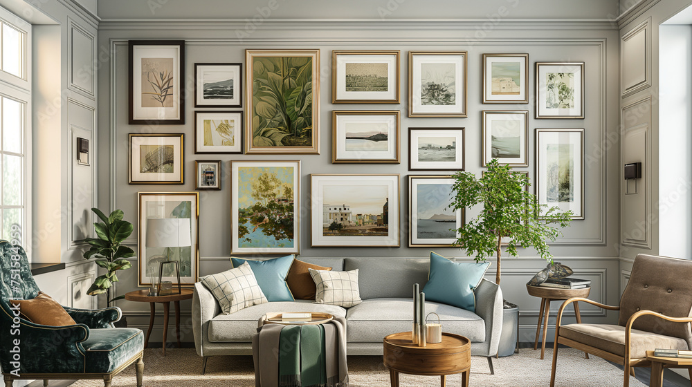 Fototapeta premium Gallery wall mockup, eclectic frames and artwork, varied sizes and styles, cohesive yet dynamic display, soft gallery lighting