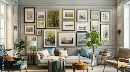 Gallery wall mockup, eclectic frames and artwork, varied sizes and styles, cohesive yet dynamic display, soft gallery lighting photo