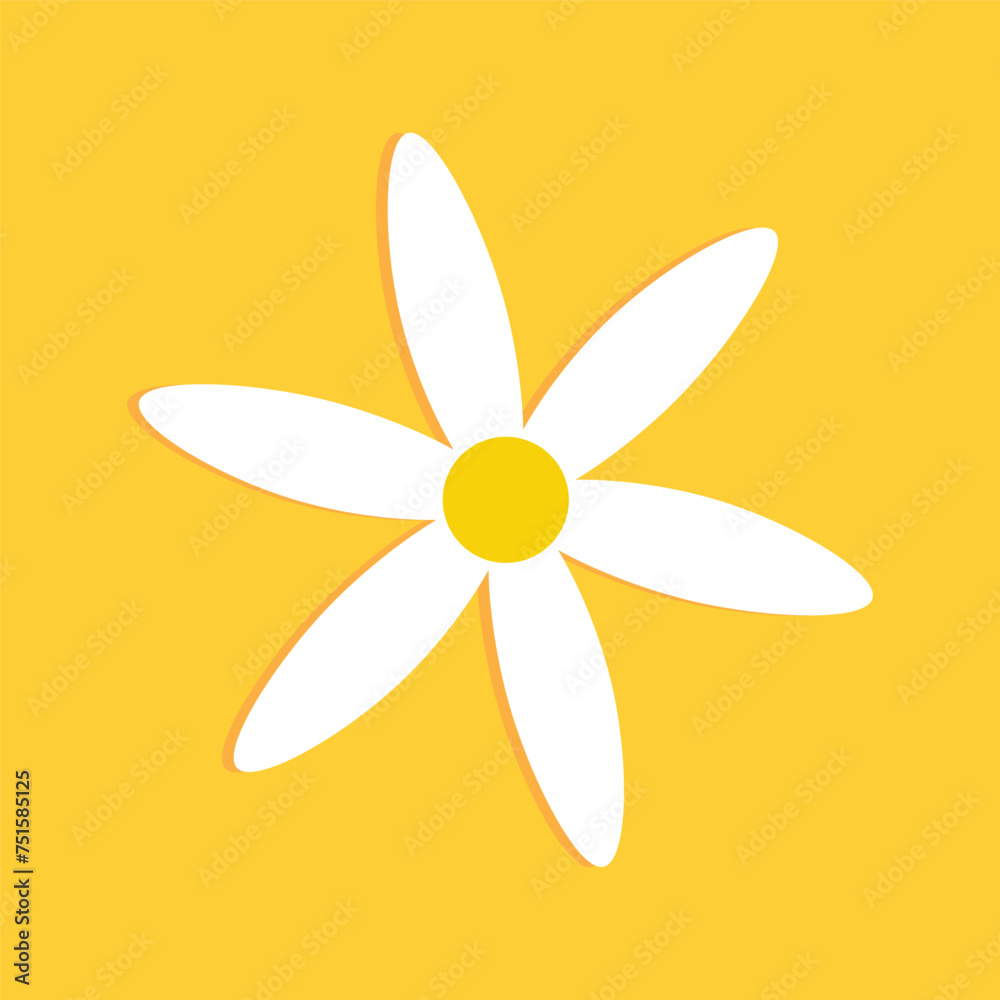 Cartoon daisy logo designs, chamomile flower icons. Flat spring floral elements. Blossom flowers with white petals. Doodle daisy vector set with background.