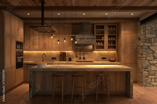 Rustic kitchen mockup, wooden cabinets and stone countertops, warm ambient lighting, inviting and homey atmosphere photo