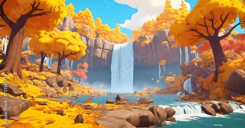 Beautiful autumn landscape with yellow trees and waterfall for kids bacxkground. ai generated photo