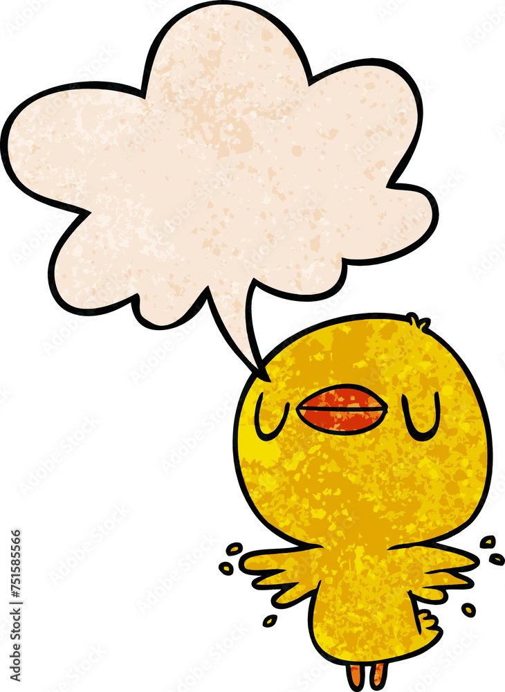 cute cartoon chick flapping wings and speech bubble in retro texture style