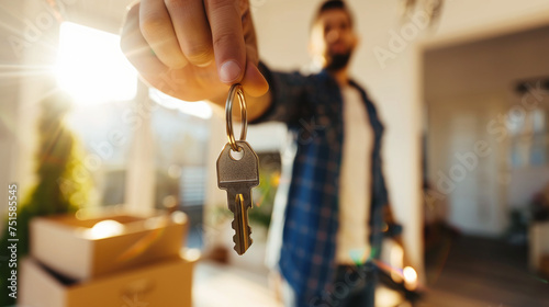 man hand holding house apartment key, homebuyer concept photo