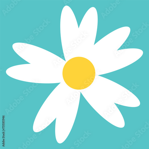 Cartoon daisy logo designs, chamomile flower icons. Flat spring floral elements. Blossom flowers with white petals. Doodle daisy vector set with background.