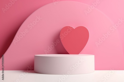 A single red heart stands on a white podium against a pink background, symbolizing love and minimalism.