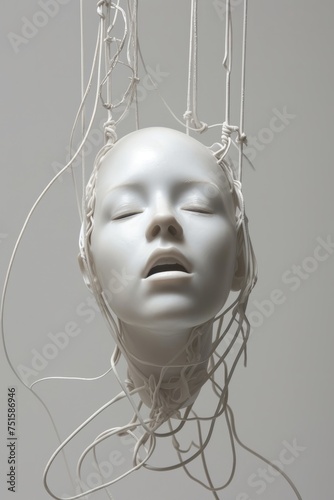 3d  portrayal of a head statue woman face with closed eyes, hanging withe wires, still life composition, total white minimalism