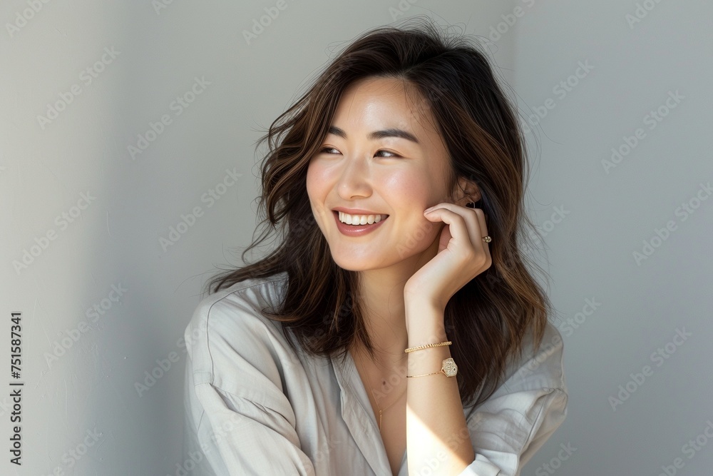 A stylish late twenties Japanese woman, dressed in a light grey shirt and matching skirt, adorned with a single thin gold ring, embodies the essence of an influencer with her confident presence