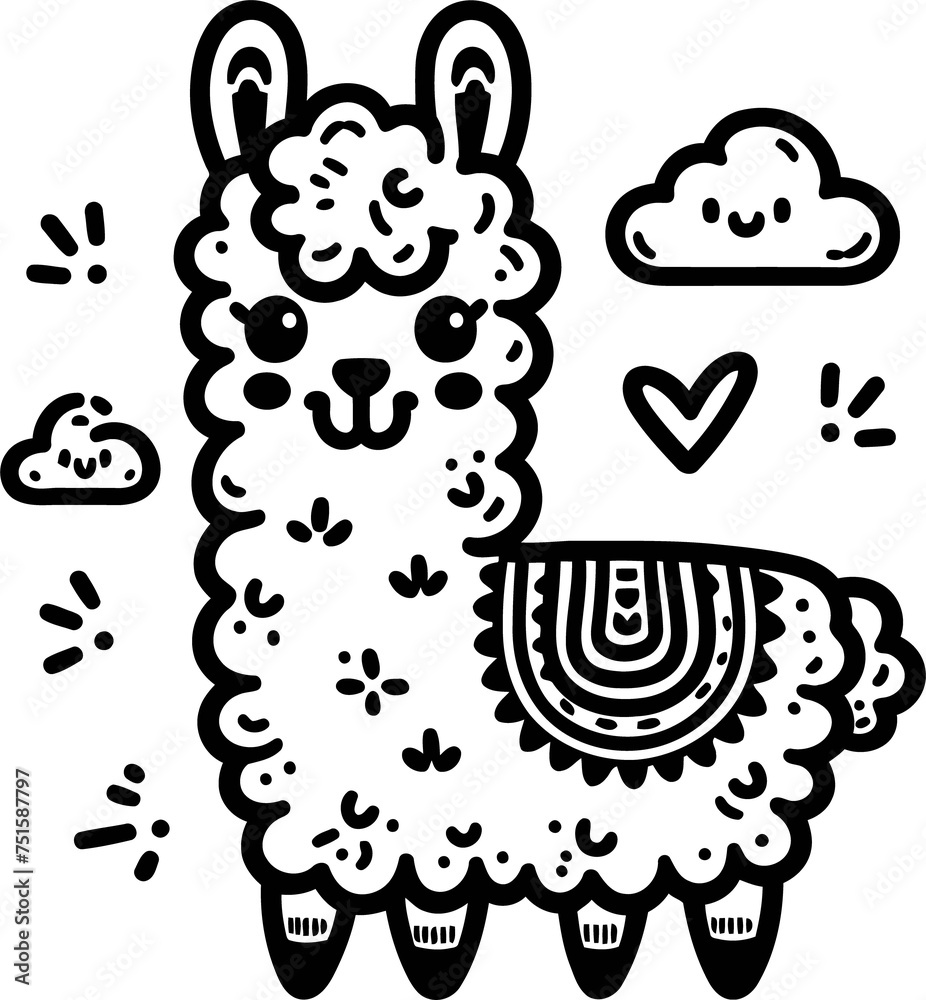 llama wolf in cute animal doodle cartoon, children mascot drawing, outline,	