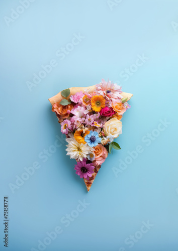 Pizza slice covered in spring flowers. Vegan diet, summertime flat lay background.