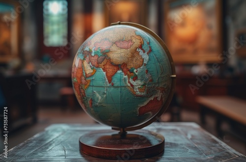 Detailed shot of a vintage world globe on a wooden stand with blurred library background, symbolizing global education