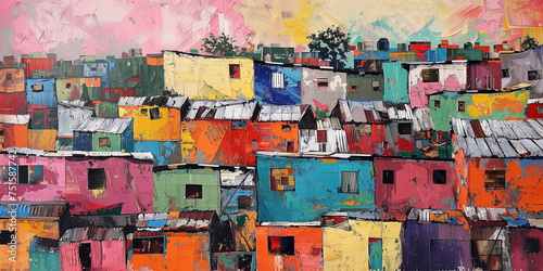 Colourful South African art with township village culture depicting informal housing settlement. Underprivileged Southern Africa squatter camp dwelling scene.