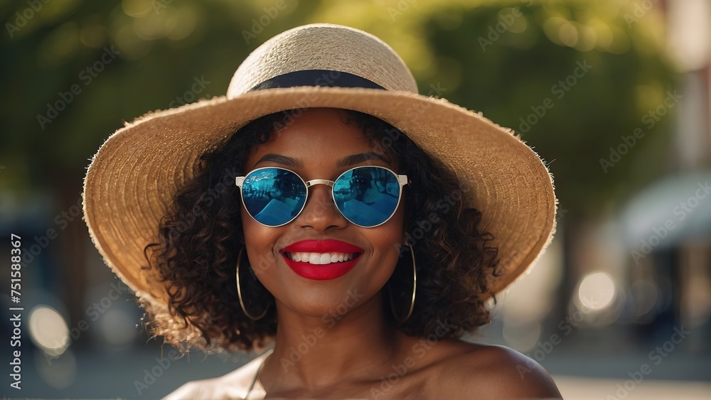Pretty black woman in summer, wearing sunglasses and a hat