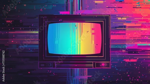 a glitchy illustration of an old television, colorful 80s aesthetics background, banner wallpaper concept design