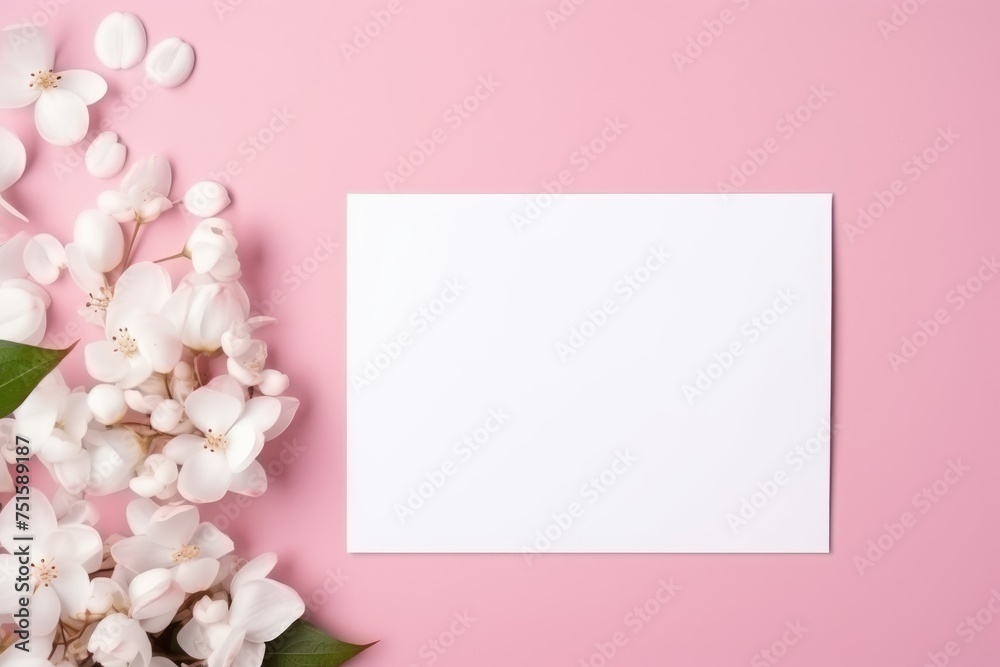 White empty card surrounded by delicate spring blossoms on a pink background, perfect for personalized messages.