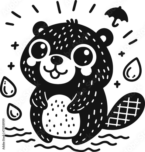 beaver in cute animal doodle cartoon, children mascot drawing, outline,	 photo